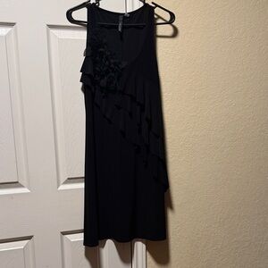 Sleeveless Black Ruffle Shift Dress with Floral Detail